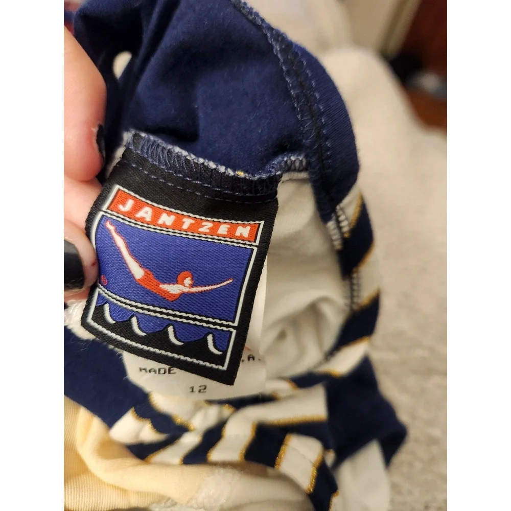 90s Deadstock Jantzen White, Navy, and Gold Striped One Piece Swimsuit